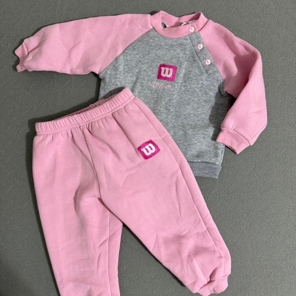 Vtg Wilson pink & gray baby set with pink sleeves and gray body retro Workout